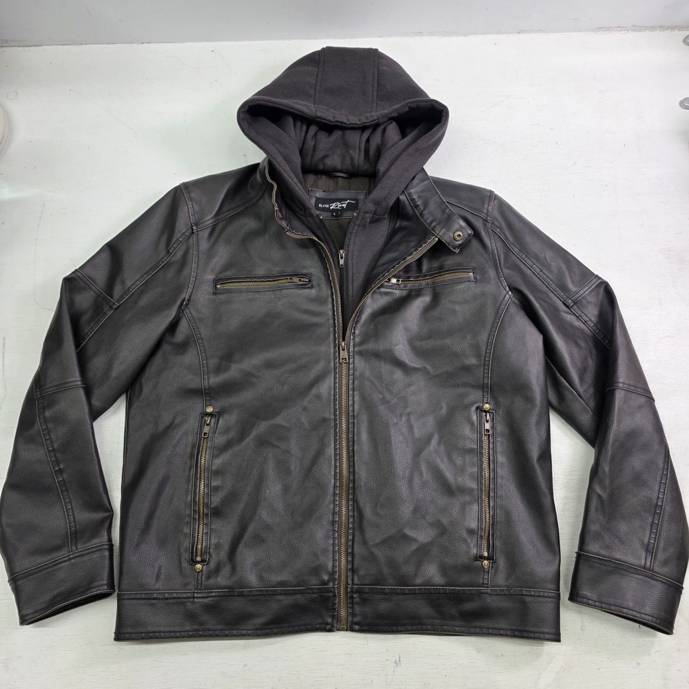 G-III Black Rivet Faux Leather Hooded Jacket Brown Distressed Motorcycle Mens L